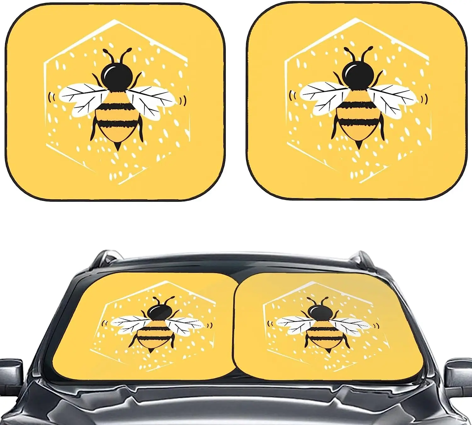 

Cute Cartoon Bee on Yellow Car Windshield Sun Shade Auto Foldable 2pcs Window Sunshades for Most Windshield Fodable Sun Visor