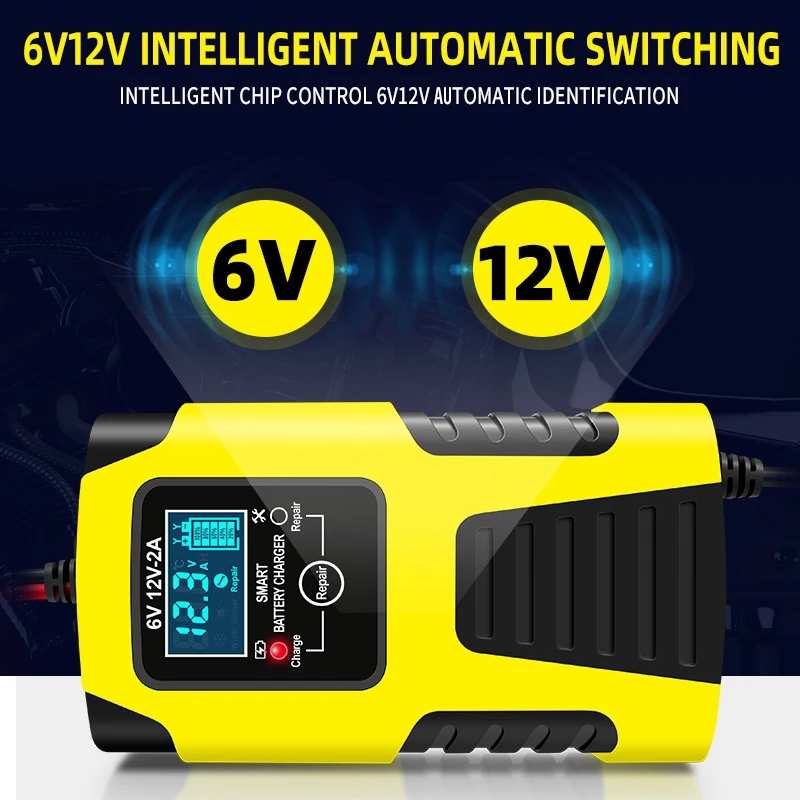 2A 6V 12V Universal Full Automatic Car Motorcycle Battery Charger Digital Display Power Pulse Short Current for Car Starter