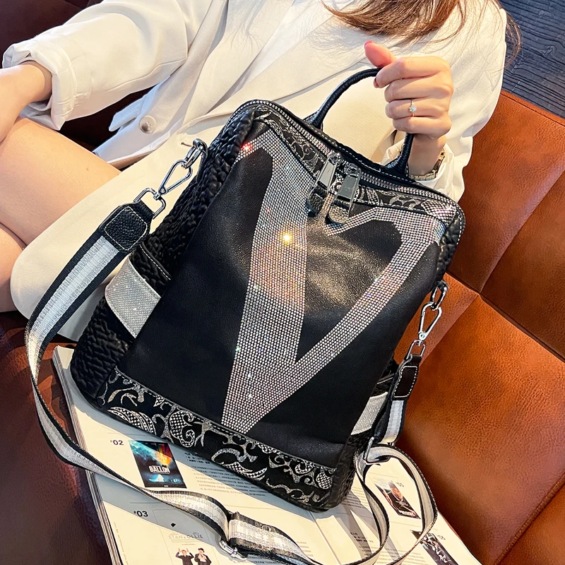 

Large Capacity Backpacks Women Real Leather School Backpack Rhinestone Luxury Designer Sac a dos Garcon College