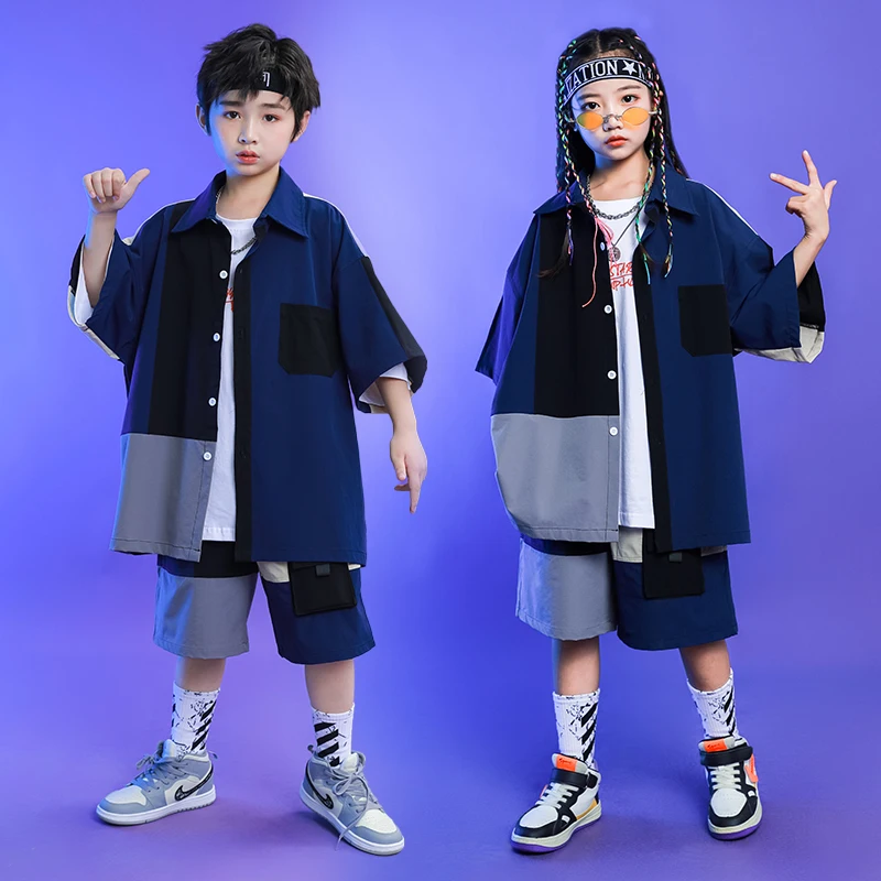 

Kids Fashion Stage Hip Hop Clothing Splicing Shirt Tops Shorts Set For Girls Boys Jazz Dance wear Costume Teenage Street Clothes