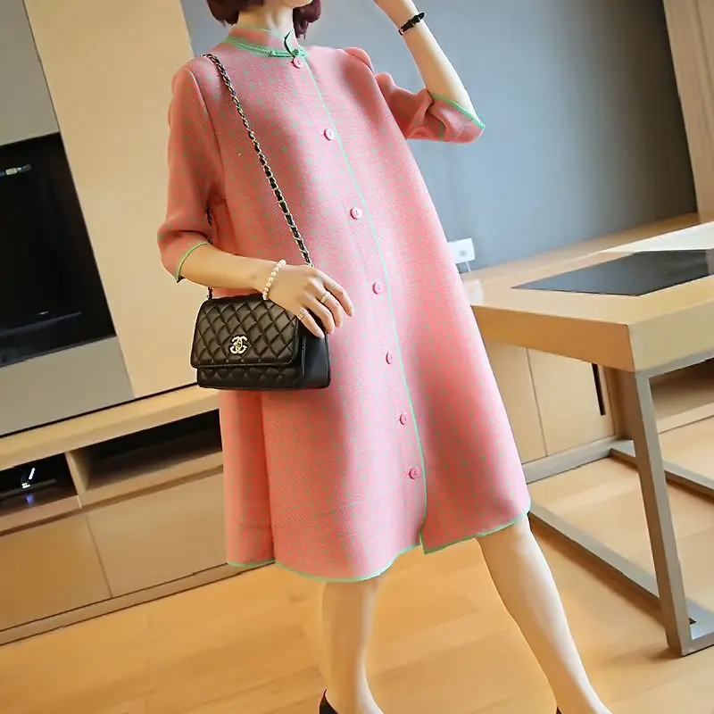 

Fashion foreign fold dress female summer 2022 new mid -length loose jacket improved half sleeve o neck dress female clothing