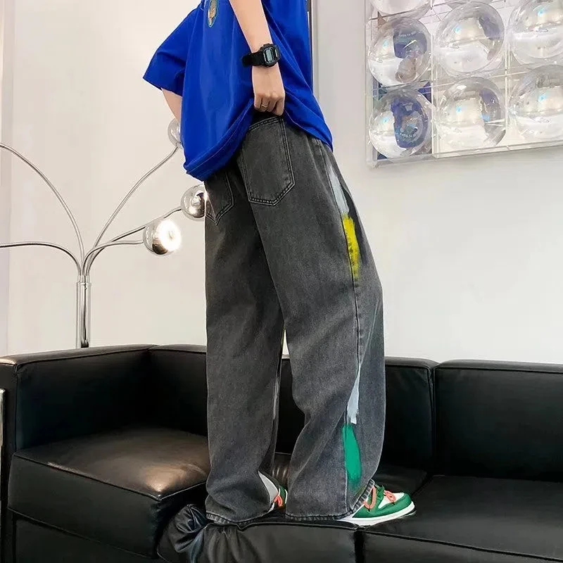 Jeans Men Print Fashion Hip Hop Spring Retro Male Trouser Teens High Street Pantalones Cool All-match Drawstring Summer Denim