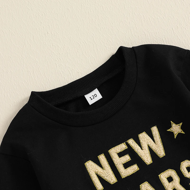 Girl New Year Outfit Letter Embroidery Long Sleeve Sweatshirt Glitter Star Print Tulle Skirt 2 Piece Set