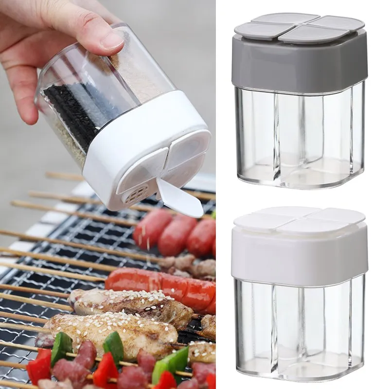 

4 In 1 Plastic Salt and Pepper Shaker Transparent Spice Dispenser 4 Compartment Camping Seasoning Jar with Lids for Cooking BBQ