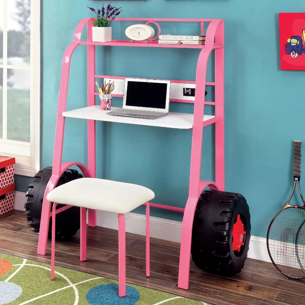 

Furniture of America Daiton Novelty Racecar Desk and Stool Set, Pink