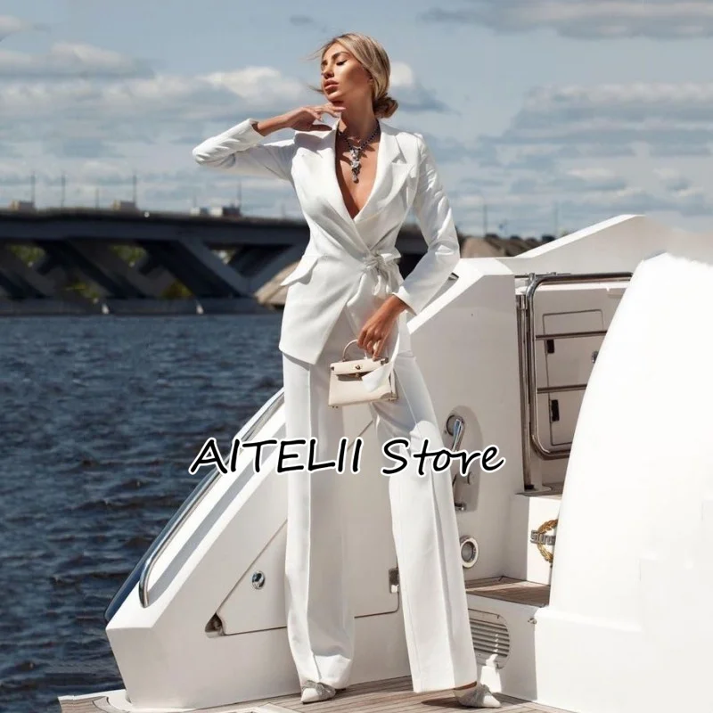 2023 Women's Suit Two-piece Suit Fashion Pure White Handsome Lapel Collar (Jacket + Trousers) Belt Deep V Suitable for Business