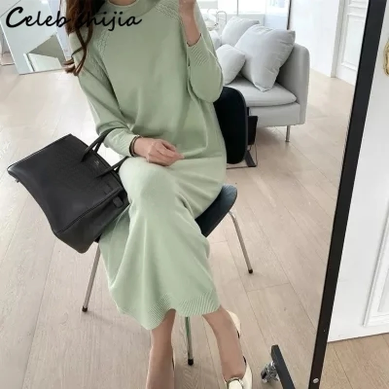 

Korean Loose Woolen Long Dress Woman Autumn Tall Neck Green Long Sweater Female Elegant Knitted Maxi Dress Female Winter Vestido