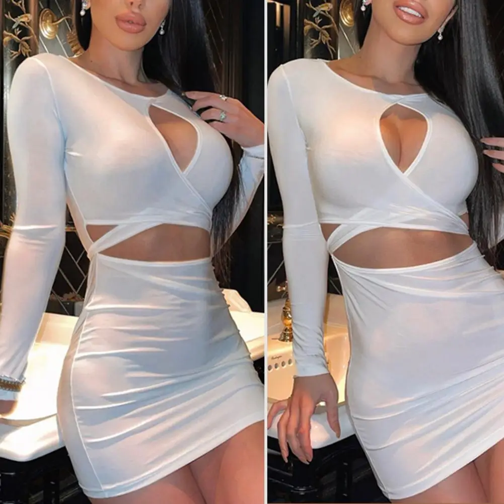 

Fashion Solid Color Bodycon Dresses for Women 2022 Summer Sexy Hollow O Neck Long Sleeve Slim Back Lace-up Dress Female Vestidos