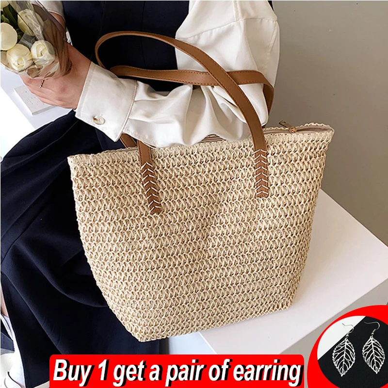 

Summer Woven Straw Bag For Women Large Capacity Rattan Beach Bags Holiday Seaside Handbag Handmade Shopper Tote Bag Casual Bag
