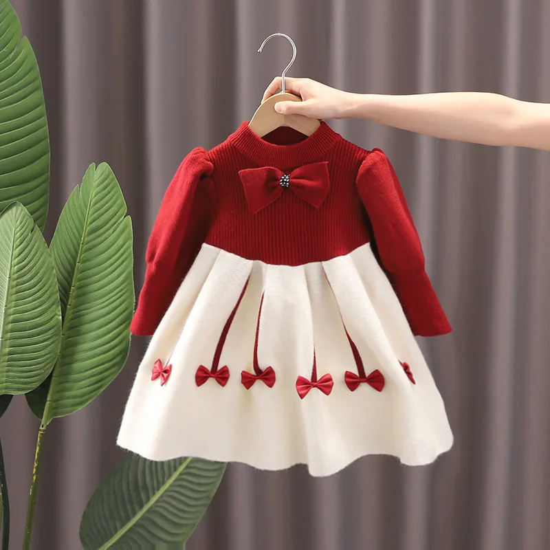 

Girls Sweater Dress Fall/Winter New Fashion Knitted Bow Princess Skirt Puffy Sleeves Baby Girl Dress