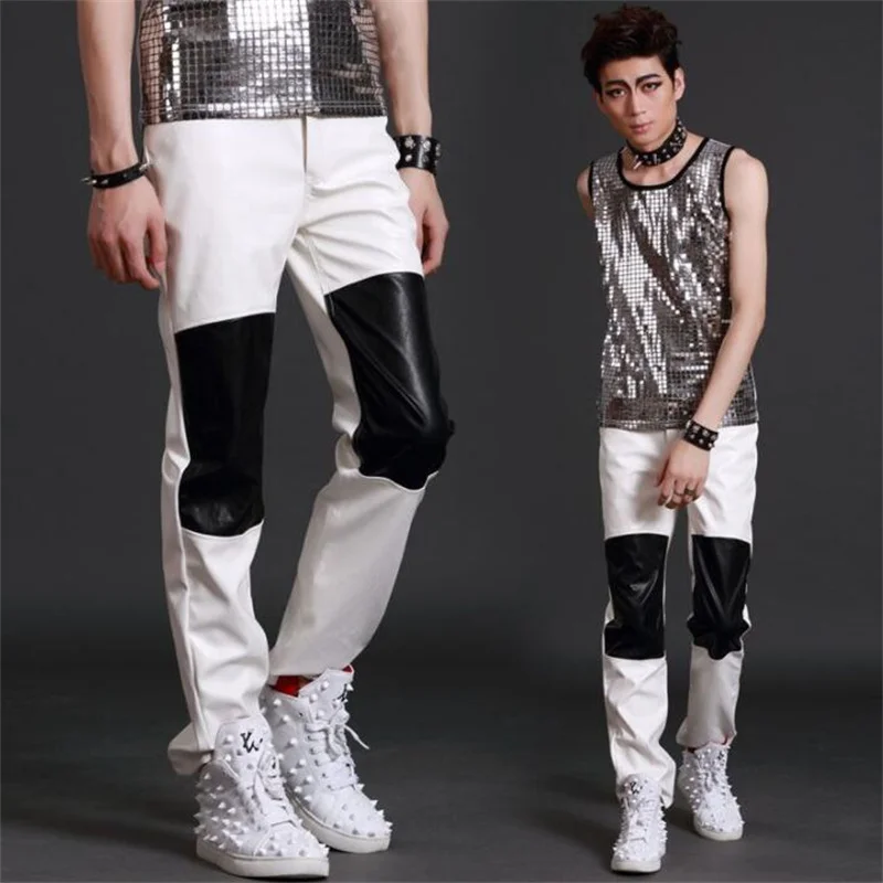 Mens leather pants stage personality splice harem pant men feet trousers singer dance rock fashion street star style novelty