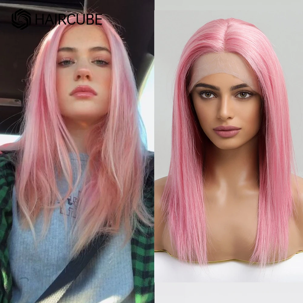 HAIRCUBE Straight Human Hair Wigs for Women 13*1 Lace Frontal Human Hair Wigs 16Inch Rose Real Hair Cosplay Pink Wig Closure Wig