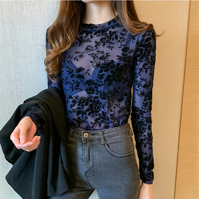 Korean Fashion Mesh Women Blouses Floral Office Lady Shirt and Blouse Long Sleeve Blusas Largas Plus Size XXXL Womens Sexy Tops