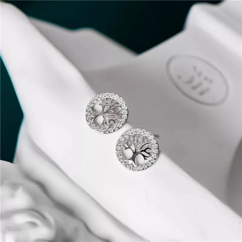 

Luxury Fashion Openwork Set Zircon Tree of Life Stud Earrings for Women Girl Jewelry Gifts