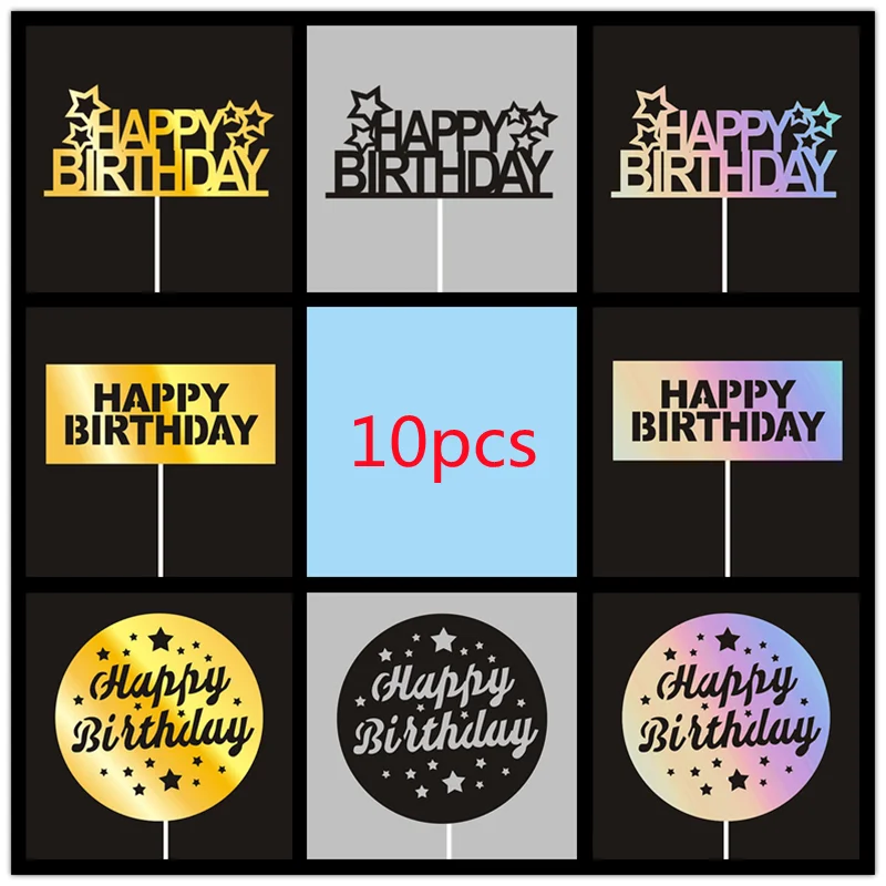 

10 Pcs / Bag Multicolor English Happy Birthday Cake Toppers Birthday Party Decorations Baking DIY Accessories