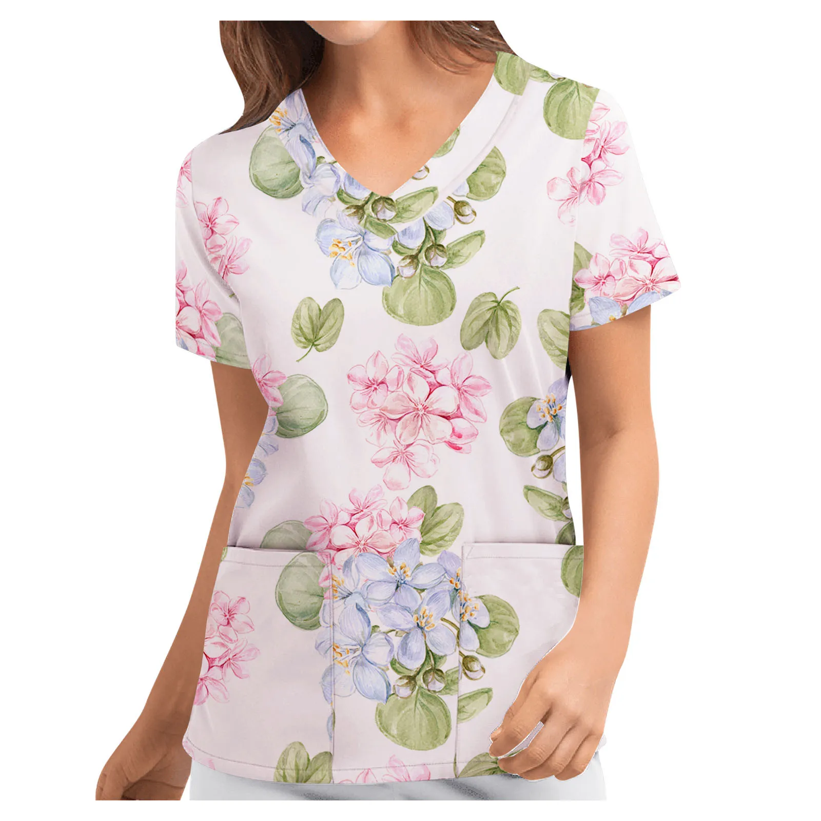 

Милая Рабочая Униформа медсестры с коротким рукавом и V-образным вырезом, топы для кормления с розовым цветочным принтом для женщин с карман...
