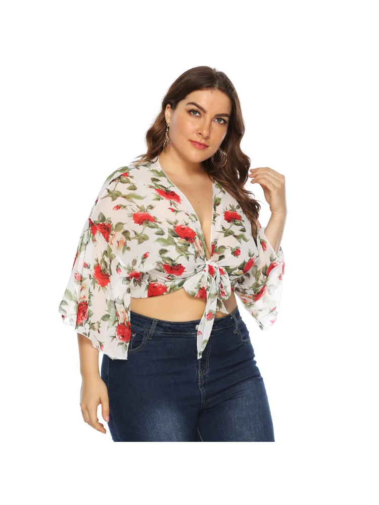 Large size women's rose flower print, bell sleeves, chiffon cardigan knotted cropped top plus size blouse