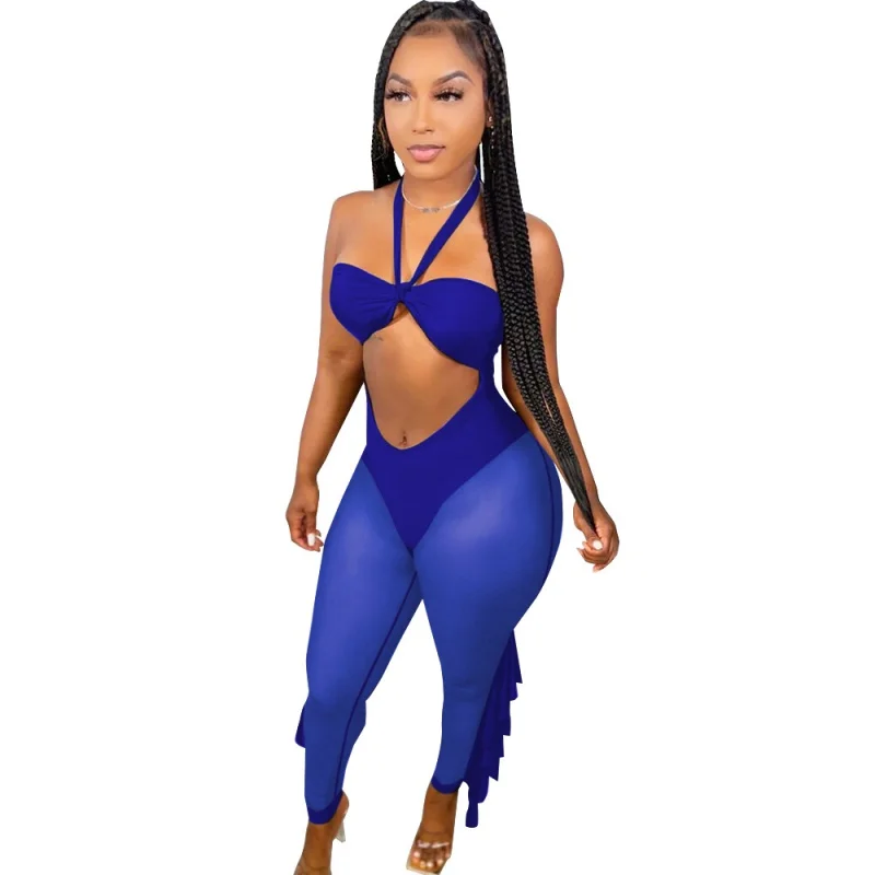 

Hot Sexy Sheer Mesh Women Rompers Solid Sleeveless Halter Skinny Jumpsuits 2022 Summer Sexy Hollow Out Night Club One Piece Over
