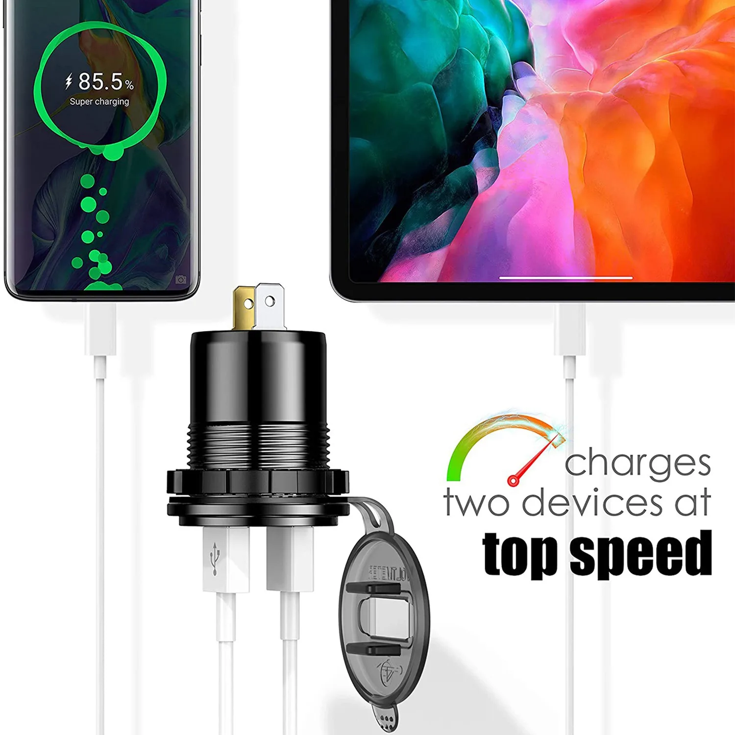 

QC 3.0 Dual USB Car Charger Socket 12V/24V USB Charger with Contact Switch for Boat Motorcycle Truck Golf Cart Black