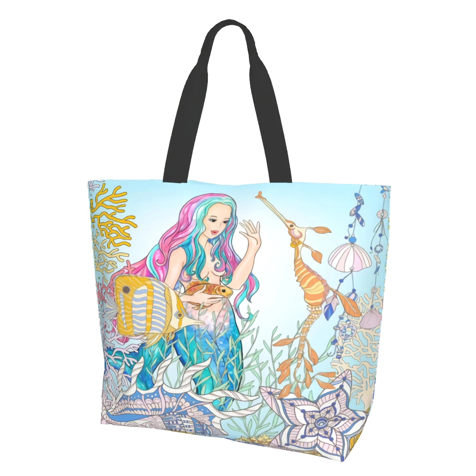 

Watercolor Mermaid Gold Fish Underwater Art Sea Horse Shell Canvas Tote Bag for Women Weekend Kitchen Grocery Bags