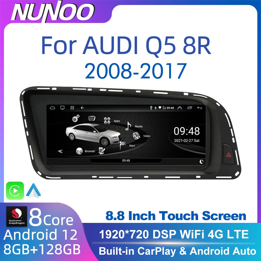Автомобильный мультимедийный плеер Nunoo, Android 12 8 + 64 ГБ для Audi Q5 2008-2017 MMI 2G 3G, IPS сенсорный экран, навигатор GPS 4G WiFi DSP Radi