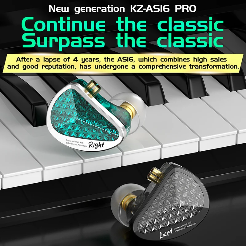 KZ AS16 Pro In Ear Wired Earphones 16BA Balanced Armature HIFI Bass Monitor Headphones  Noise Cancelling Earbuds Sport Headset