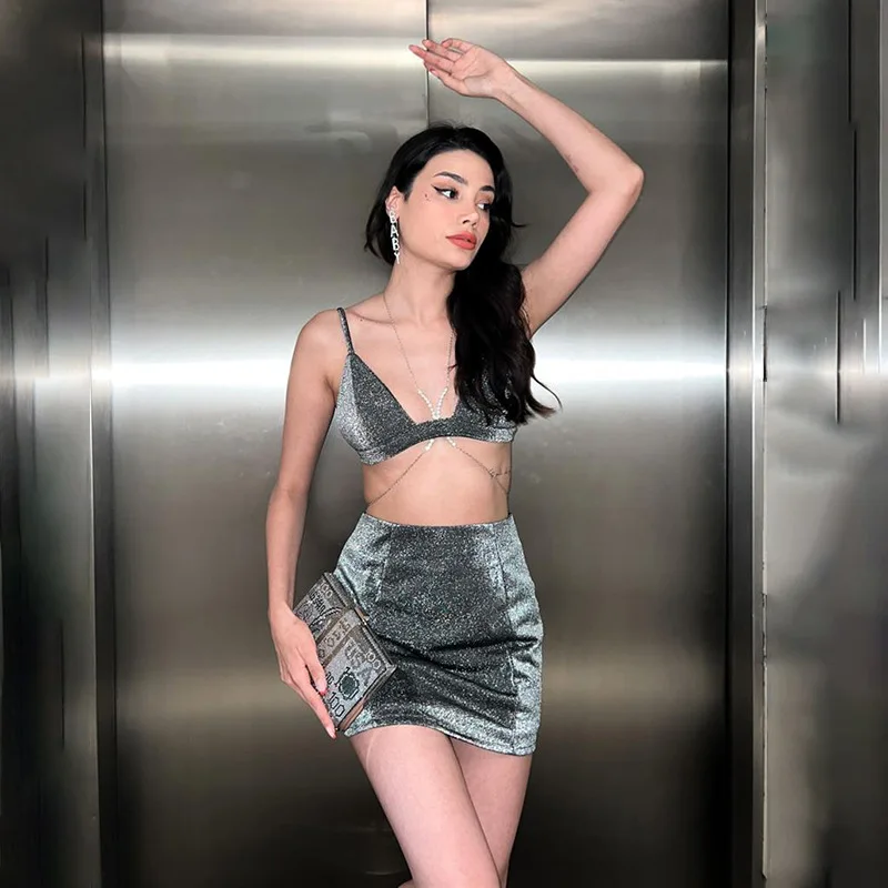 

Комплект из двух предметов, блестящая женская юбка со стразами, женская модная Клубная одежда, сексуальный комплект с подтяжками и юбкой, комплект с юбкой