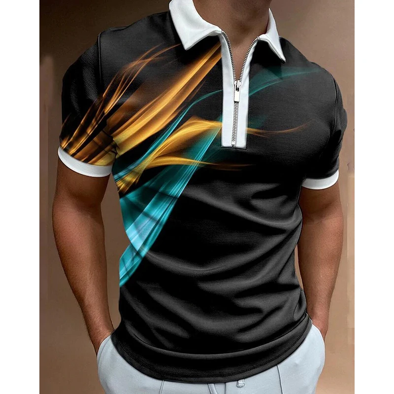 

Luxury Men's Clothing Polo Shirts Casual Turn-Down Collar Zipper Golf Contrast Color Print Short Sleeve Tee Shirt Men Polos Tops