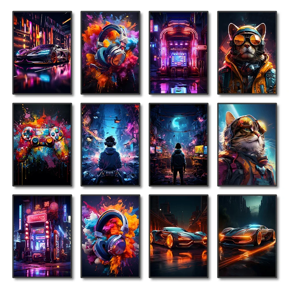 Цветные неоновые настенные плакаты в стиле киберпанк 80-х 90-х годов игровой