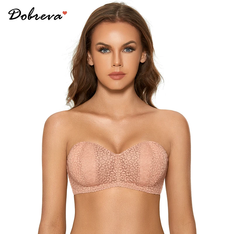 DOBREVA Women's Floral Lace Strapless Bra Sexy See Through Unlined Bralette Plus Size Underwire Bras Transparent Push Up