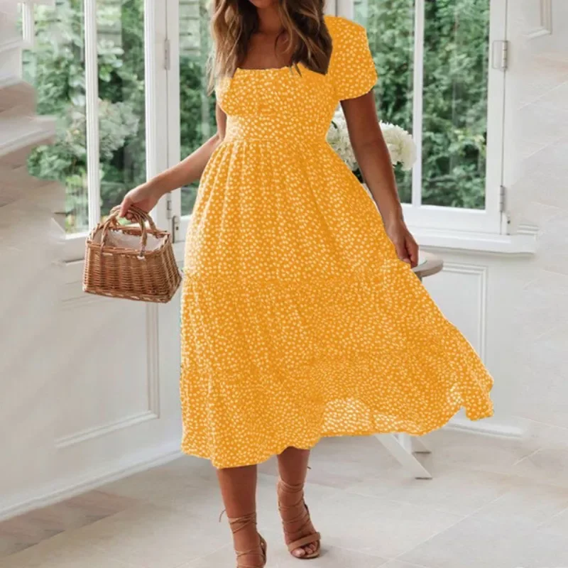 

New2022 Vintage Vintage Print Puff Sleeve summer Beach sweet dresses Casual Square collar floral maxi long dress 2020 festa
