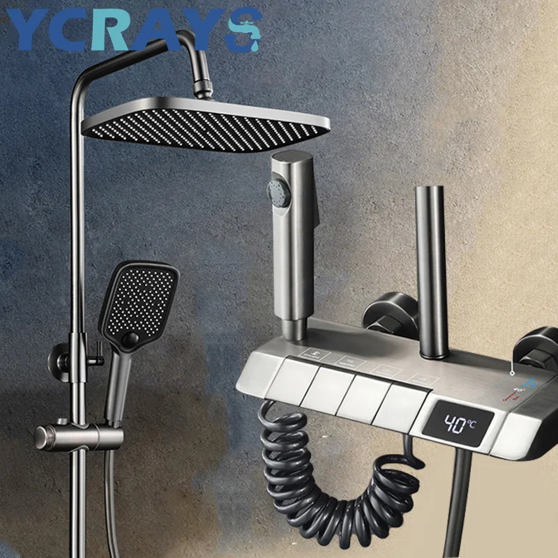 

YCRAYS Grey Digital Display Thermostatic Shower Faucet Set Brass Rainfall Bathtub Tap For Bathroom Mixer With Shelf Hydropower