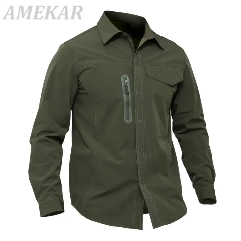 Spring Autumn Men Thin Quick Dry Military Sports Breathable Shirt Outdoor Hiking Fishing Training Pocket Lapel Tactical Shirt