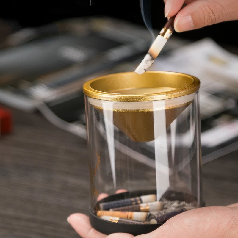 

Creative Trendy Stainless Steel Ashtray with Lid Personality Living Room Office Glass Ins Wind Anti Fly Ash Cigar Ashtray