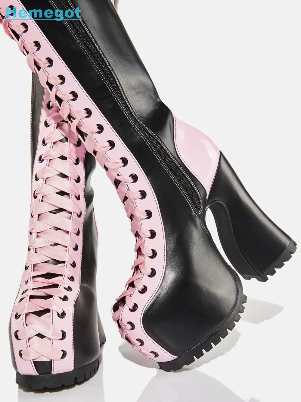 Platform Ribbon Lace-Up Knee-High Boots Chunky Heel Pink Black Mixed Colors Side Zipper Sexy Women Shoes Fashion Autumn Winter