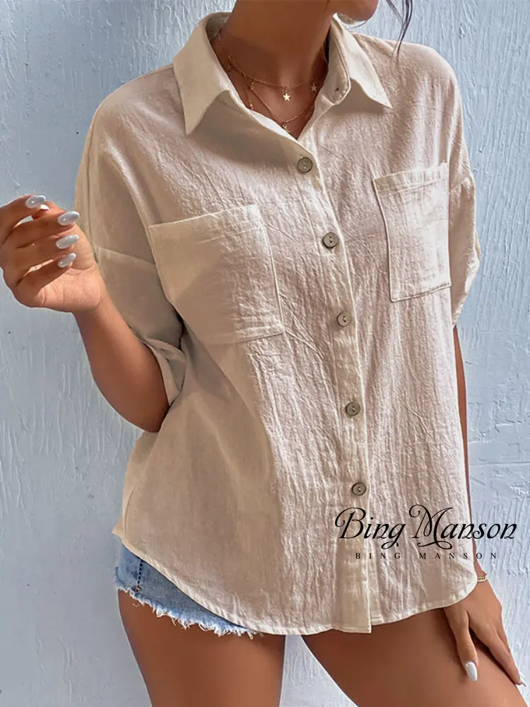 

2023 Women's New Summer Button Cardigan Top Short Sleeve Pocket Lapel Shirt Women Ralph Lauren Polo Camisas Mujer Camisa