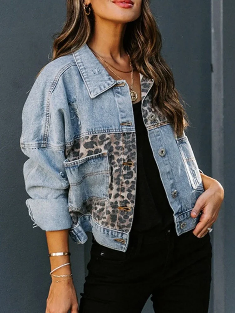 

Женская джинсовая куртка с длинным рукавом, повседневная куртка большого размера с леопардовым принтом