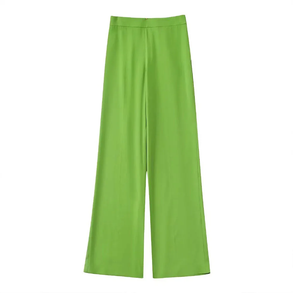 

Women 2022 Summer New Fashion Chic Green Drape Casual Straight Pants Retro Side Zipper High Waist Female Trousers Mujer