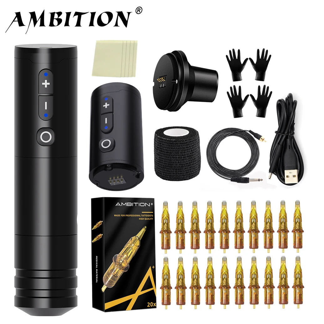 Ambition Ninja Kit Portable Wireless Tattoo Pen Machine Powerful Coreless DC Motor 2400 mAh Lithium Battery for Artist Body