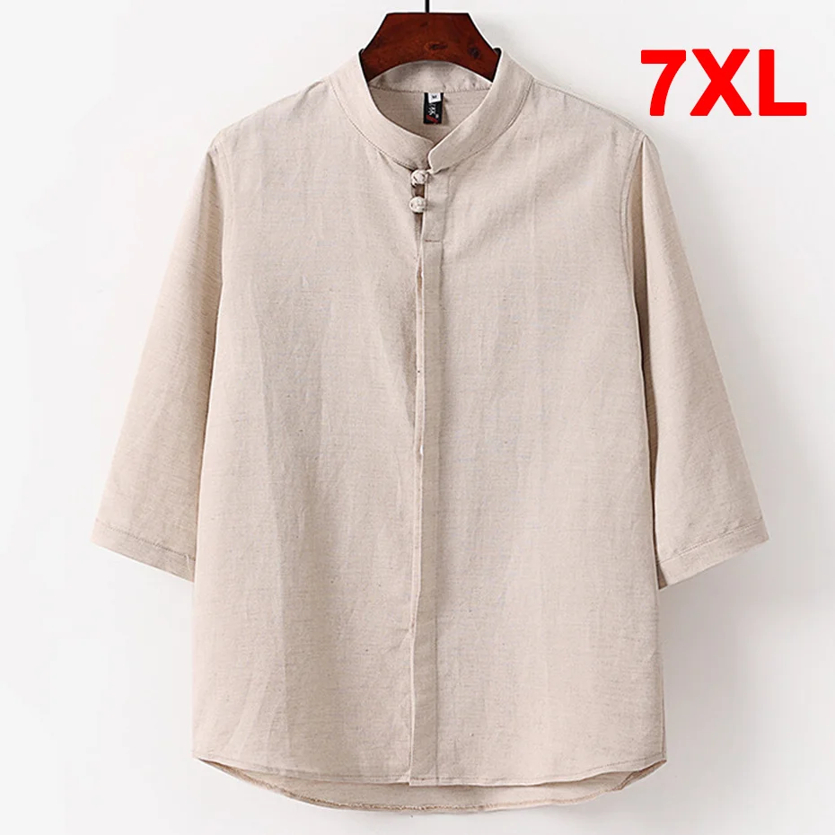 

Summer Linen Men Plus 7XL Shirts Three-quarter Sleeve Fashion Casual Solid Color Shirt Male Big Size Tops Khaki