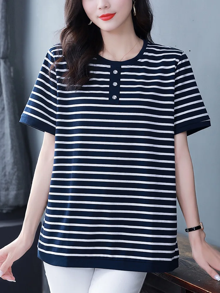 Летняя одежда для пожилых людей футболка в полоску из чистого хлопка женская с