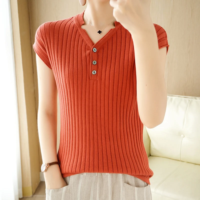 

Short Sleeve T-Shirt Ladies Cotton Thread Knit Sleeveless Thin Vest Slim Large Size V-Neck Summer New Cotton Sweater Women Top