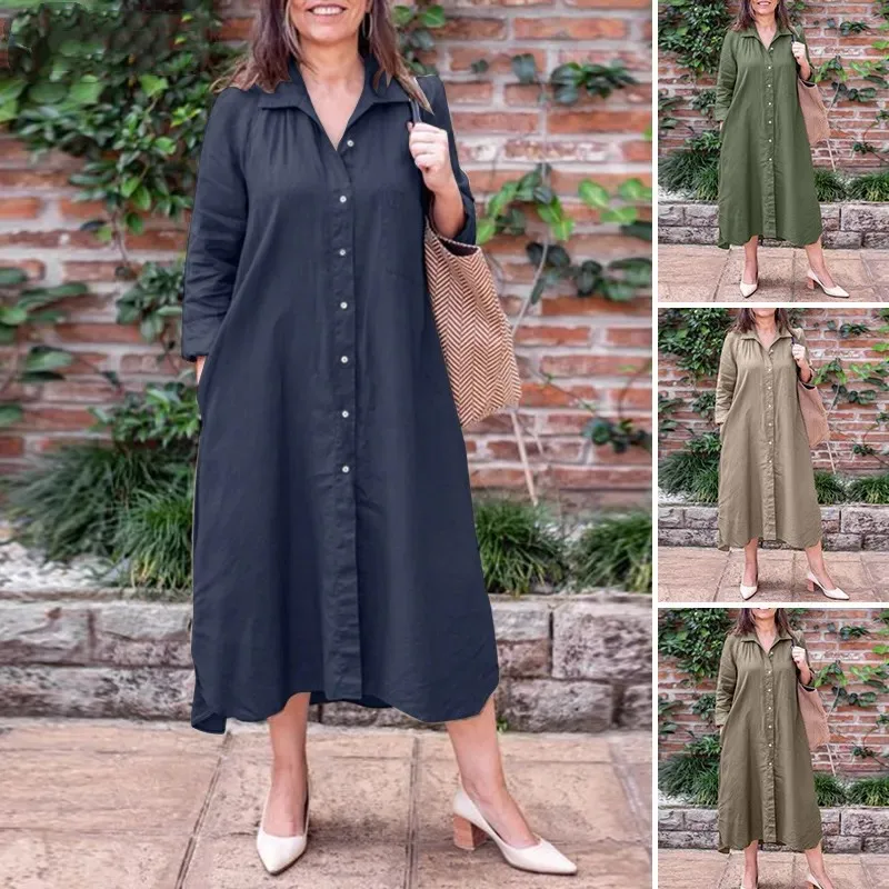 

Модное однотонное повседневное длинное платье-рубашка с отложным воротником и длинным рукавом, элегантный женский свободный сарафан с карманами, офисные платья