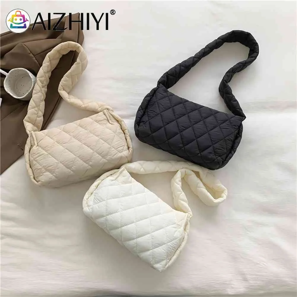 

Rhombic Lattice Shoulder Bags Embroidery Thread Cotton-Padded Bag Quilted Fashion Autumn Winter Solid Color for Holiday Party