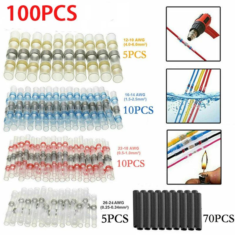 

100Pcs/set Mixed Heat Shrink Connect Terminals Waterproof Solder Sleeve Tube Electrical Wire Insulated Butt Connectors Kit