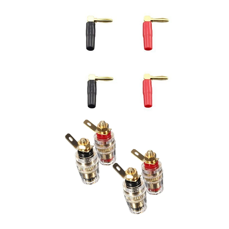 

4Pc Amplifier Speaker Terminal Binding Post 4Mm Banana Plug Jack & 4X Hi-End Copper Right Angle Screw Type Banana Plug