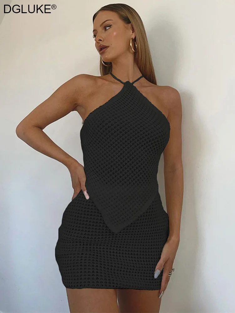 Модный вязаный крючком комплект из двух предметов Женская юбка и укороченный топ