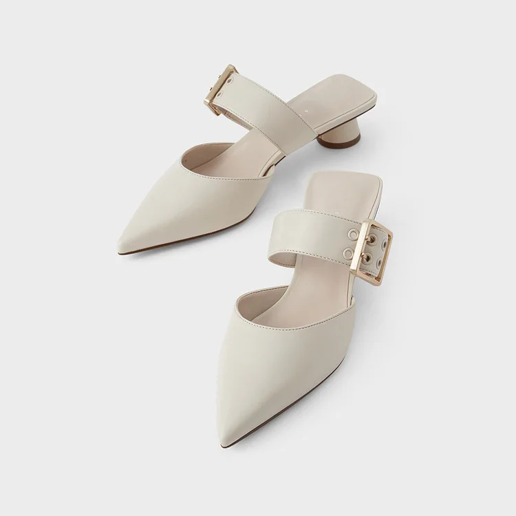 

Spring New Ladies metal square buckle Pointed Toe Mules Thick heel sandals High heel slippers