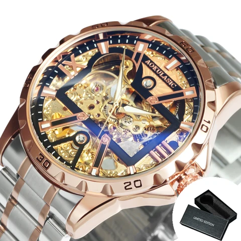 Часы наручные мужские механические Автоматические, брендовые Роскошные светящиеся в стиле милитари, с браслетом из нержавеющей стали, Золотые спортивные