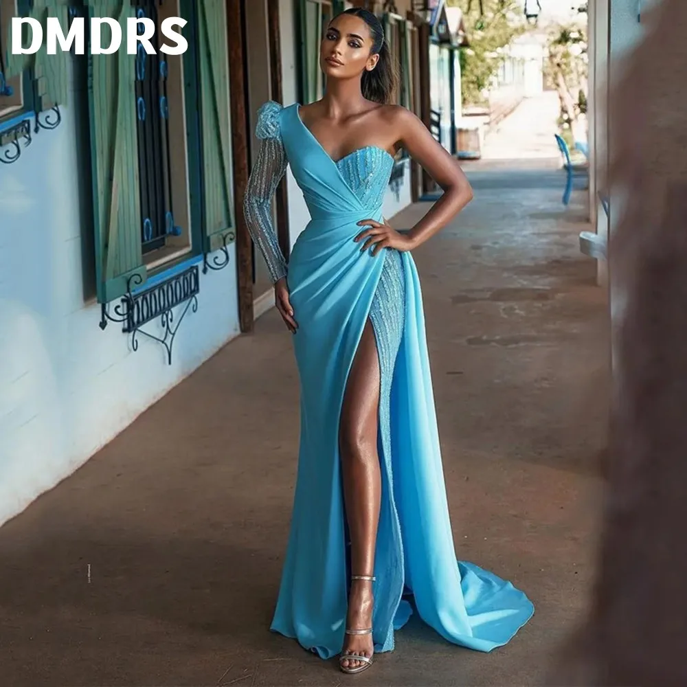 

Sparkly Prom Dresses High Split Satin Evening Gowns Sequins Mermaid One Shoulder Long Cocktail Party Gowns Saudi Arabia